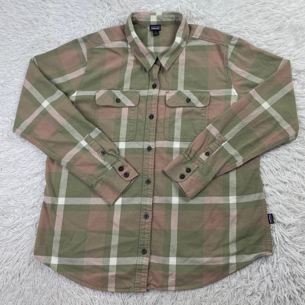 Patagonia Shirt Womens Extra Large Green Pink Plaid Fjord Flannel Organic Cotton